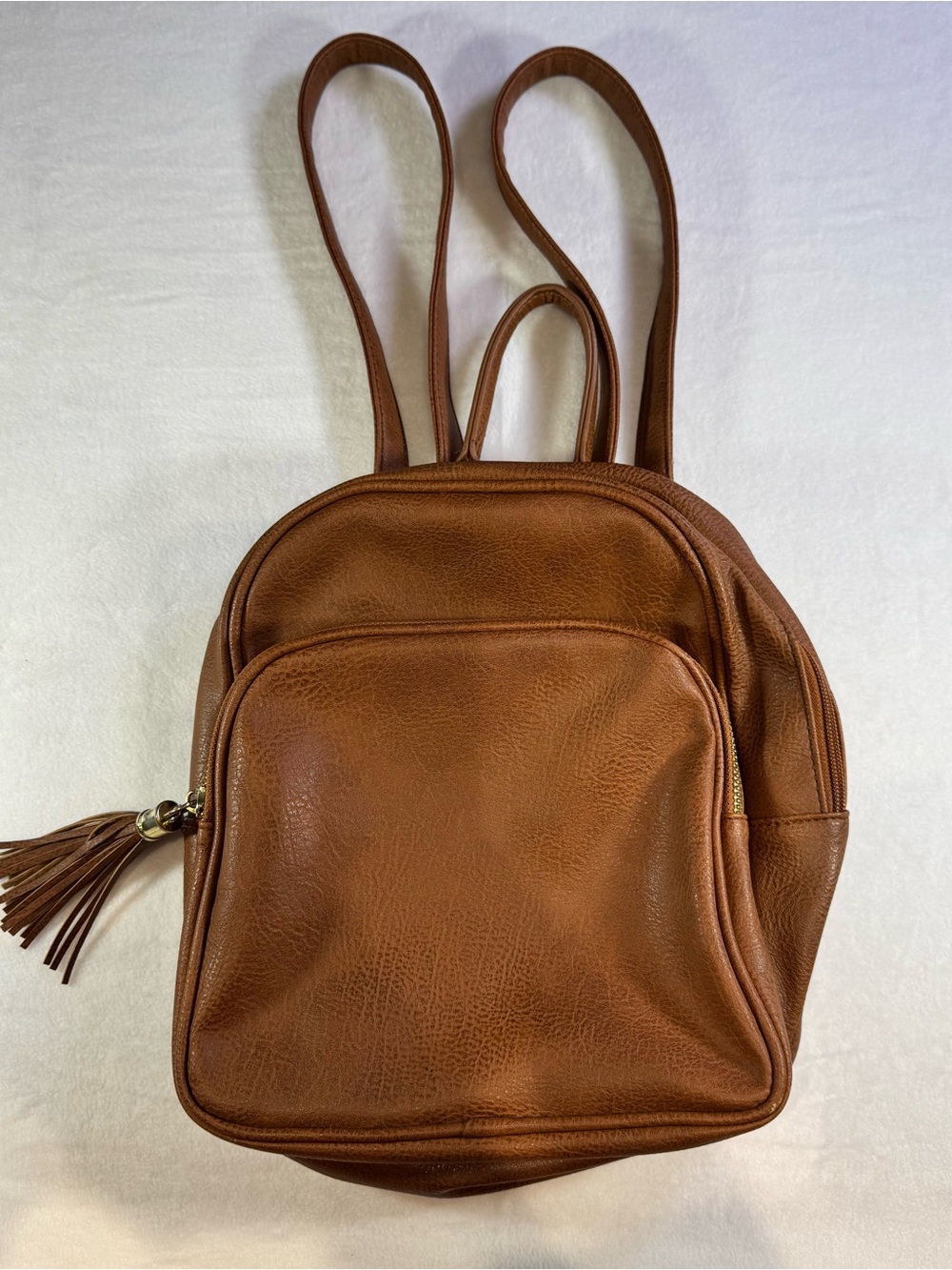 Compact Tan Faux Leather Mini Backpack with Tassel